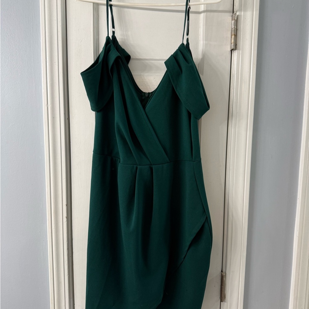 Off-Shoulder Dark Green Wrap Dress - Picture 2 of 3